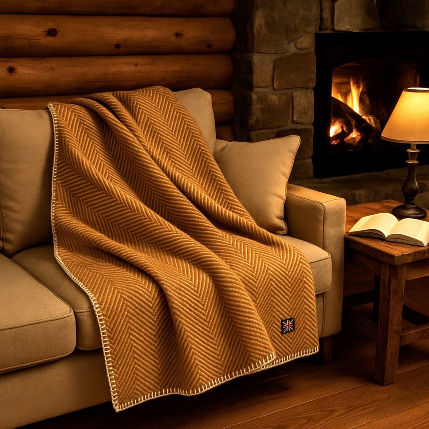 Cozy living room with a brown blanket draped over a beige sofa in front of a fireplace.