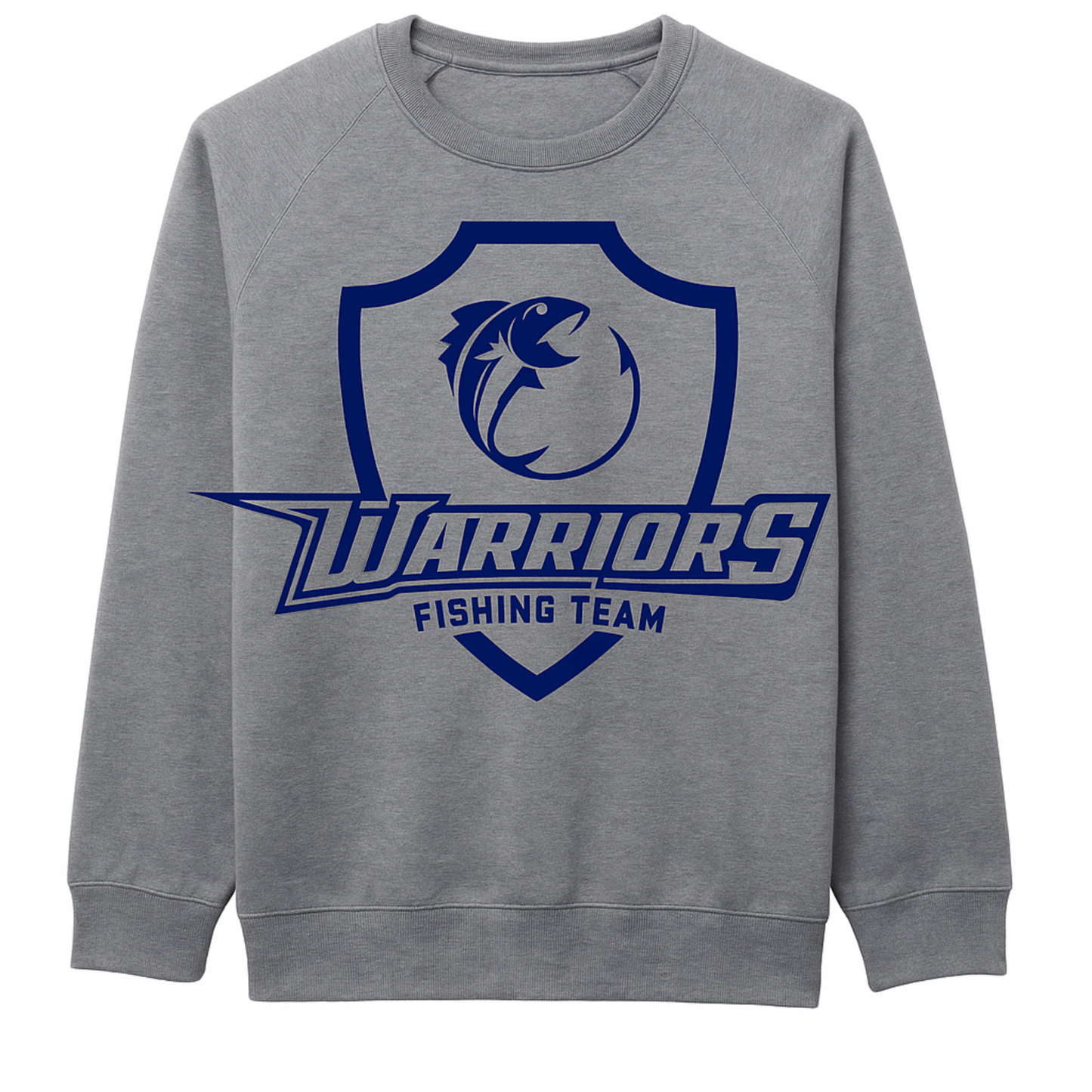 Gray sweatshirt with blue 'Warriors Fishing Team' logo on a white background